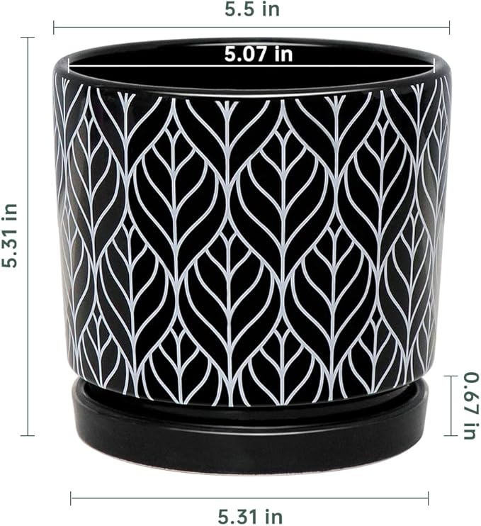 Ton Sin Flower Pots,5.5 Inch Black Ceramic Planter with Drainage Hole,Indoor Cylinder Plant Pots with Saucer,Cactus Succulent Outdoor Garden Pots Set of 4