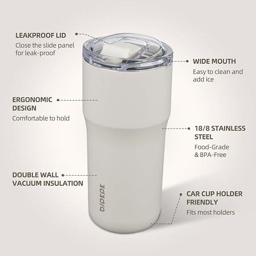 BJPKPK 20oz Spill Proof Coffee Tumbler, Insulated Stainless Steel Cup | Double Wall Vacuum, Leakproof Lid, Keeps Hot/Cold/Iced, BPA Free, Dishwasher Safe, Cupholder, Travel, White