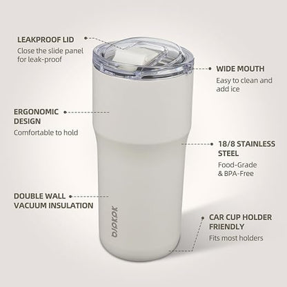 BJPKPK 20oz Spill Proof Coffee Tumbler, Insulated Stainless Steel Cup | Double Wall Vacuum, Leakproof Lid, Keeps Hot/Cold/Iced, BPA Free, Dishwasher Safe, Cupholder, Travel, White