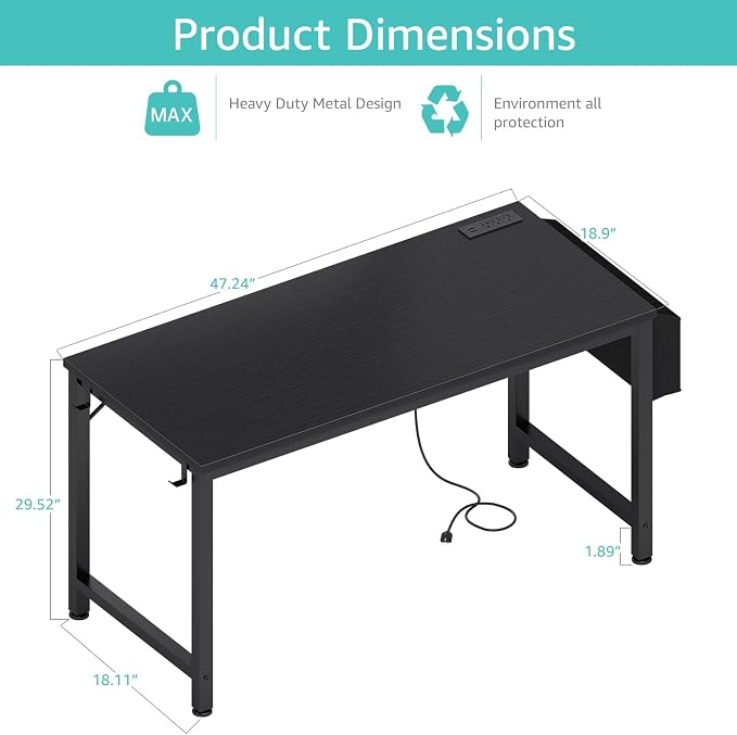 Lufeiya Gaming Desk with Power Outlet, 47 inch Teen Study Table Home Office Work Writing Computer Desks with Charging Station Outlets Built in, Black