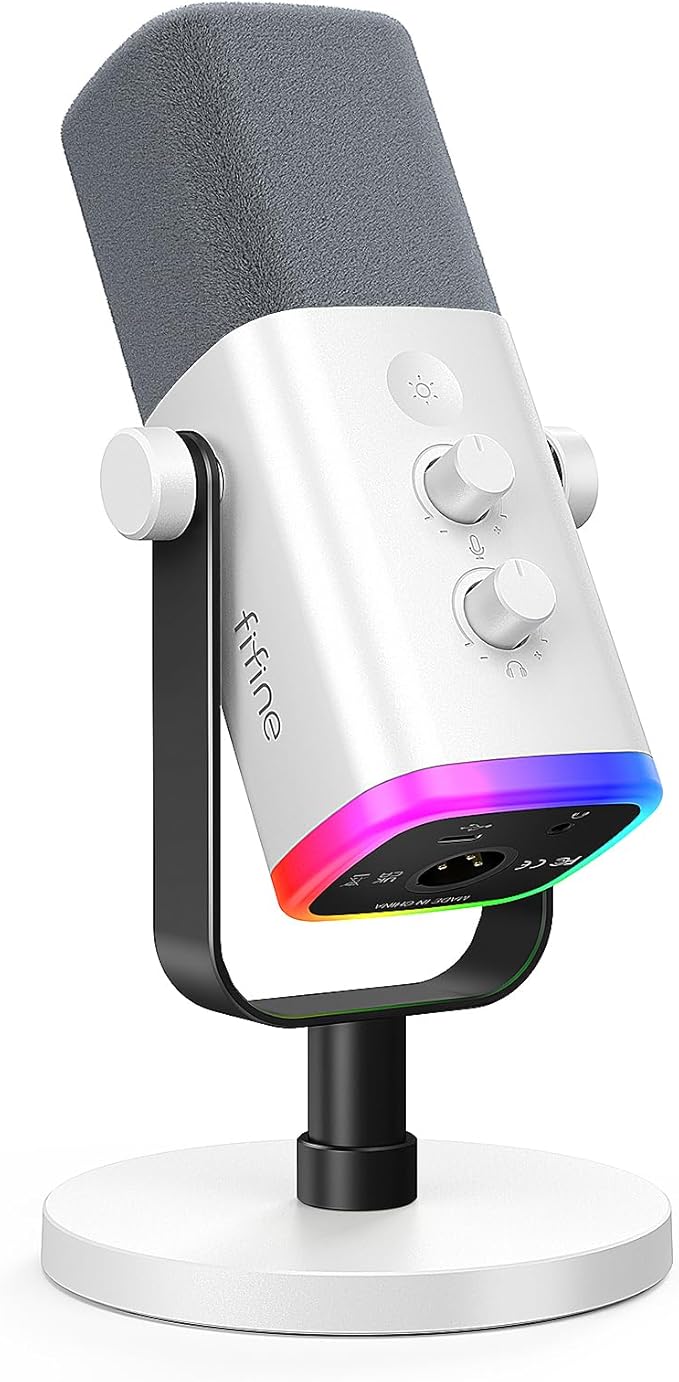 FIFINE AmpliGame AM8W XLR/USB Gaming Microphone for Streaming Podcasting | Dynamic PC Computer RGB Mic, with Gain Knob, Mute Button, Monitoring Jack, for Gamer Recording Video Creation, White