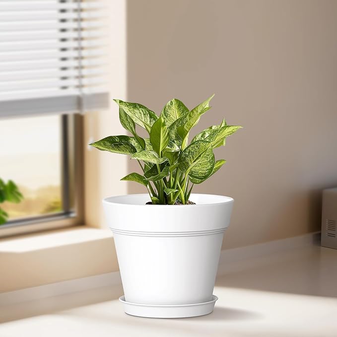 7 Inch Thick Plastic Plant Pots with Drainage Holes and Trays – 6 Pack Nursery Pots for Indoor & Outdoor House Plants, Seedling Starter Planters for Garden Flowers, White