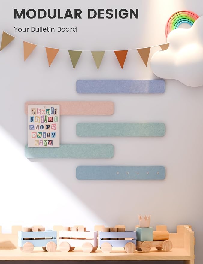 Fluxynara 13" x 2" Felt Wall Panels, Coastal Haze | 5-Pack Cork Board Alternative with 35 Push Pins, Adhesive Mounting for Bedroom Door or Home Office