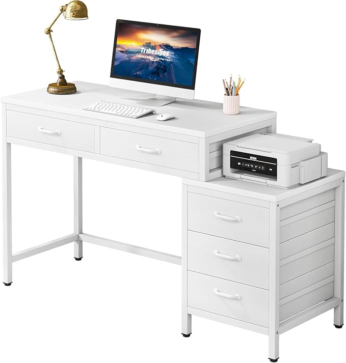 Tribesigns Computer Desk with 5 Drawers, Reversible Home Office Desks | Small Desk with Drawer Cabinet Printer Stand, PC Desk with Storage, White Study Writing Table Workstation for Small Spaces
