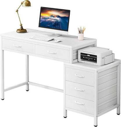 Tribesigns Computer Desk with 5 Drawers, Reversible Home Office Desks | Small Desk with Drawer Cabinet Printer Stand, PC Desk with Storage, White Study Writing Table Workstation for Small Spaces