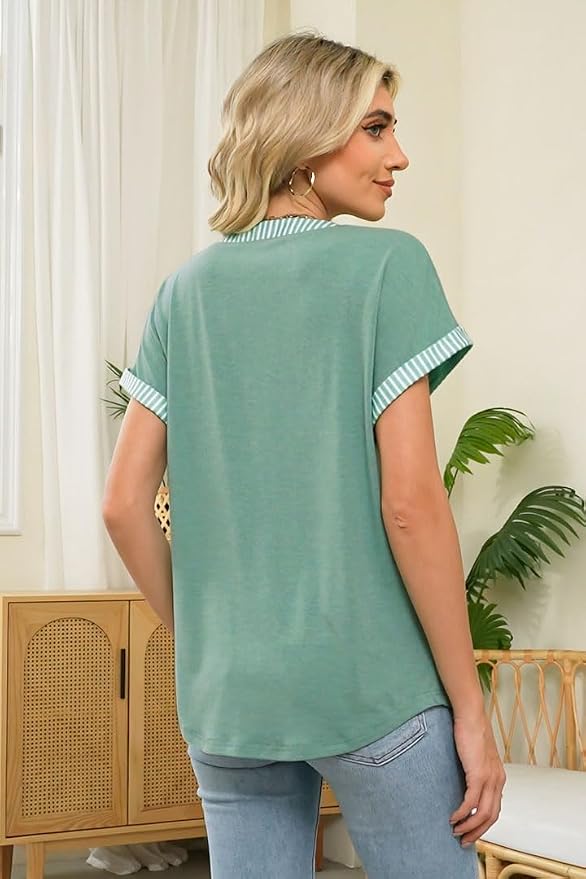 Womens Henley Summer Tops V Neck Button Dressy Casual T Shirts Blouses | Breathable, V-Neck Button, Striped, Loose Fit, Business Casual, Office, Vacation, Spring Summer Tops, Basic Shirts