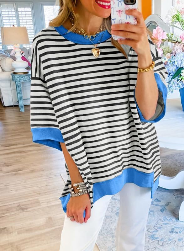 SHEWIN Womens Tops Casual Short Sleeve Sweatshirt Crewneck Striped Shirt Pullover T Shirts Loose Blouses