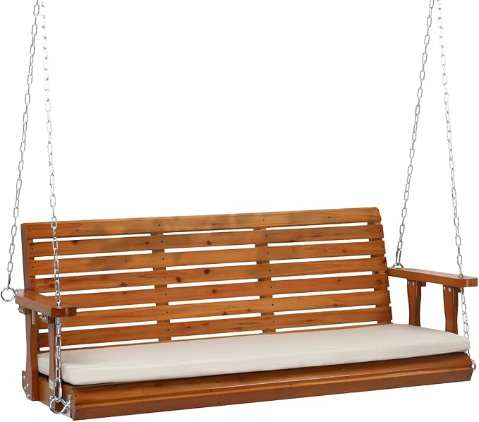 VINGLI Heavy Duty 880 LBS Patio Wooden Porch Swing Outdoor with Extra Cushion, Farmhouse Hanging Bench Tree Swing with Adjustable Chains for Yard | Garden | Lawn | Balcony (5 FT, Brown)