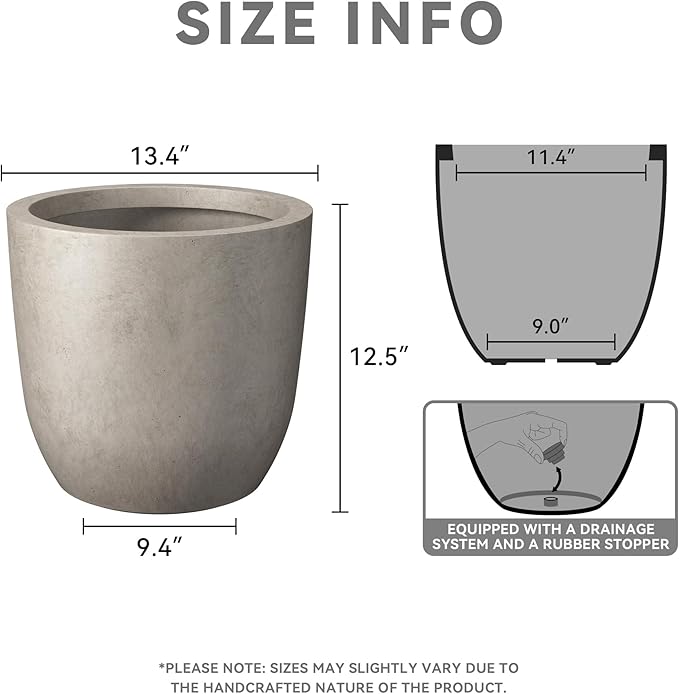 Kante 13.4" Dia Round Concrete Planter, Large Outdoor Modern Indoor Decorative Plant Pots with Drainage Hole and Rubber Plug for Home and Garden, Weathered Concrete