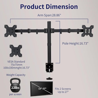 Black Dual Monitor Arm Mount for 13-27 Inch Screens | Ultrawide Screens Up to 34 inch Fully Adjustable Stand with C-Clamp/Grommet Base Max VESA 100x100 Each Screen Capacity 22lbs