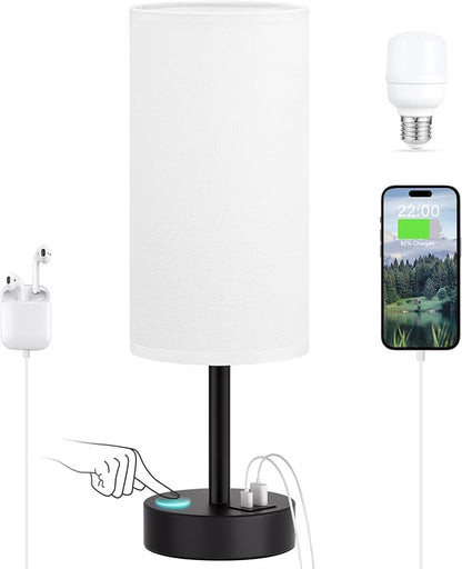 Dicoool Bedside Table Lamp for Bedroom - 3-Way Dimmable Touch Lamp, USB A+C | LED Bulb Included, 14" Small Nightstand Lamp for Desk, Living Room, Guest Room, White Fabric Lampshade, Black Metal Base