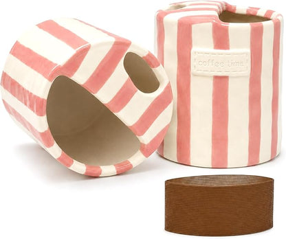 Ceramic Coffee Mug with Sip Hole, 12oz Striped Ceramic To Go Coffee Cup, Cute Aesthetic Mug for Espresso Latte Cappuccino, Handmade Glazed Cup for Home Office Gift Use, Pink