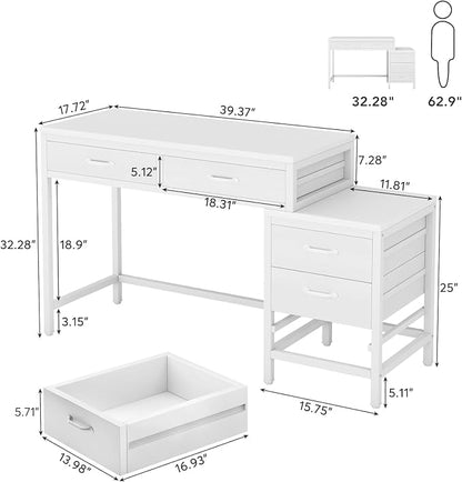 Tribesigns Computer Desk with 5 Drawers, Reversible Home Office Desks | Small Desk with Drawer Cabinet Printer Stand, PC Desk with Storage, White Study Writing Table Workstation for Small Spaces