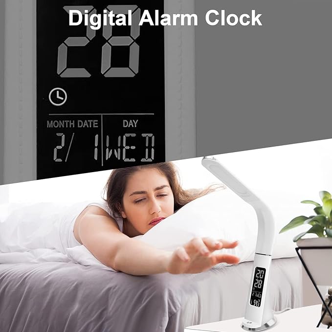 LED Desk Lamp with Digital Display Calendar Temperature,Rechargeable Desk Lamp for Home Office with Adjustable Neck,Dimmable Reading Light with Touch Control,Cordless Study Lamp with USB Charging Port