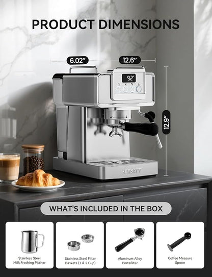 SUMSATY 20 Bar Espresso Machine Stainless Steel with Powerful Milk Frother | LED Display Espresso Coffee Machine 1350W Fast Heating Home Barista to Make Latte Cappuccino, Pre-Infusion, 61oz Water Tank