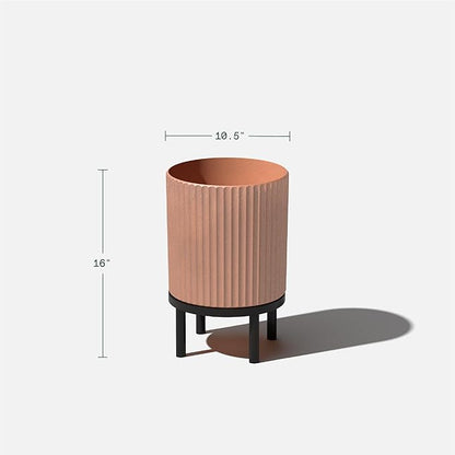 Veradek Demi Series Round Planter w/Stand for Porch/Patio | Durable Plastic-Stone Composite & Wooden Stand | Modern Décor for Tall Plants, Flowers