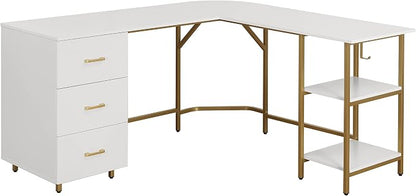Techni Mobili 59" Two-Tone L‑Shaped Office Desk with Storage Shelves, Gold | 59" two‑tone L‑shaped desk with storage shelves, durable frame, modern corner workstation, spacious home office writing space