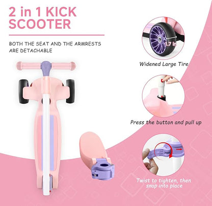 2 in 1 Kick Scooter with Removable Seat, 3 LED Wheels Kick Scooter for Kids, 4 Adjustable Height & Foldable Design Toddler Scooters Sit or Stand Ride for Boys & Girls 2-10 Years Old