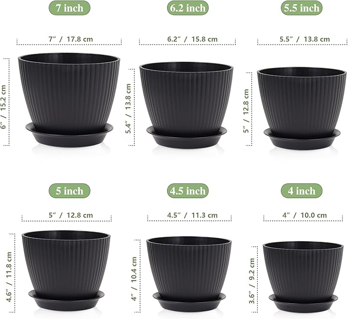 7/6.2/5.5/5/4.5/4 inch Flower Pots, 6 Pack Plant Pots for Small Indoor Outdoor Plants, Plastic Planters with Drainage Holes and Saucers for Garden Succulent House Plants, Black