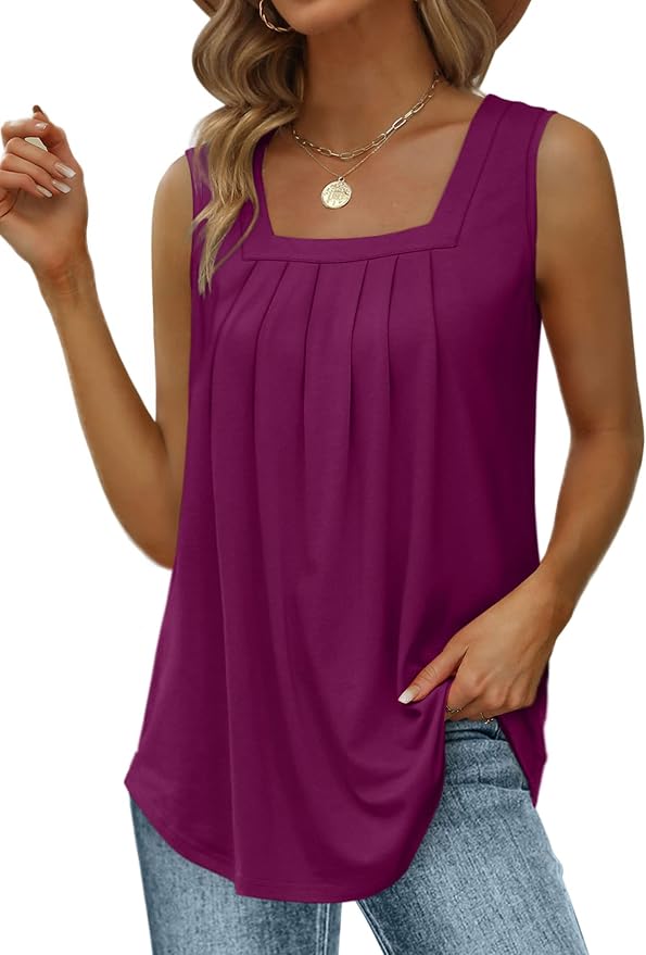 Saloogoe Summer Tank Tops for Women Loose Fit Pleated Square Neck Sleeveless Tops Curved Hem Flowy