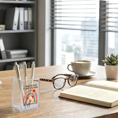 It Takes a Big Heart to Shape Little Minds Rainbow Acrylic Cosmetic Pencil Pen Holder Cup, Office Desk Accessory, Appreciation Retirement Back to School Gifts for Educator Teacher Tutor