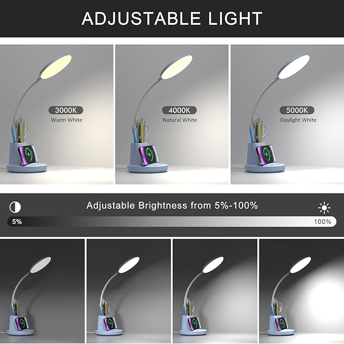 LED Desk Lamp with Wireless Charger for Home Office, Small with Pen Holder, 800LM,3 Color Modes,Gooseneck, Eye-Caring White Desk Lamps for Home College Dorm Room,Blue