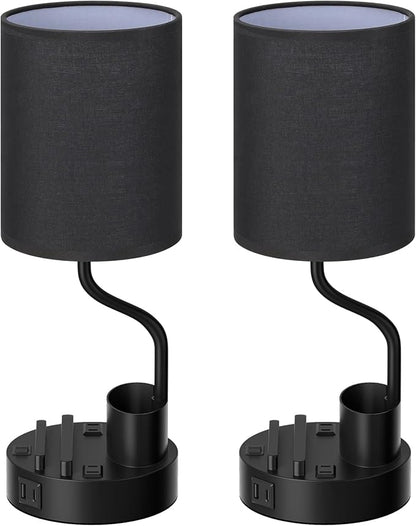 Fenmzee Bedside Lamps for Bedroom Set of 2 - Table Desk Lamp for Nightstand | 15" Table Lamp for Living Room with Pen Holder & Phone Stand, USB A+C Port, AC Outlet, 3 Color Temperature, LED Bulb Included