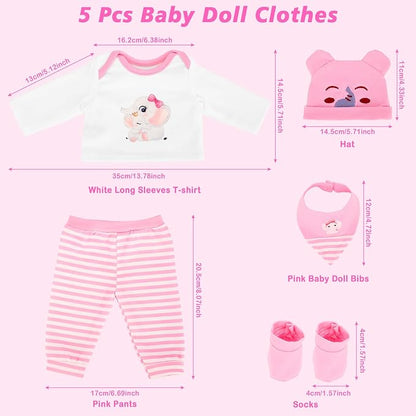 5 PCS Baby Doll Clothes 14-16 Inch Baby Doll Elephant Pattern Outfit Accessories for Sweet Baby Dolls Clothing with Pink Hat, Top Pants Socks