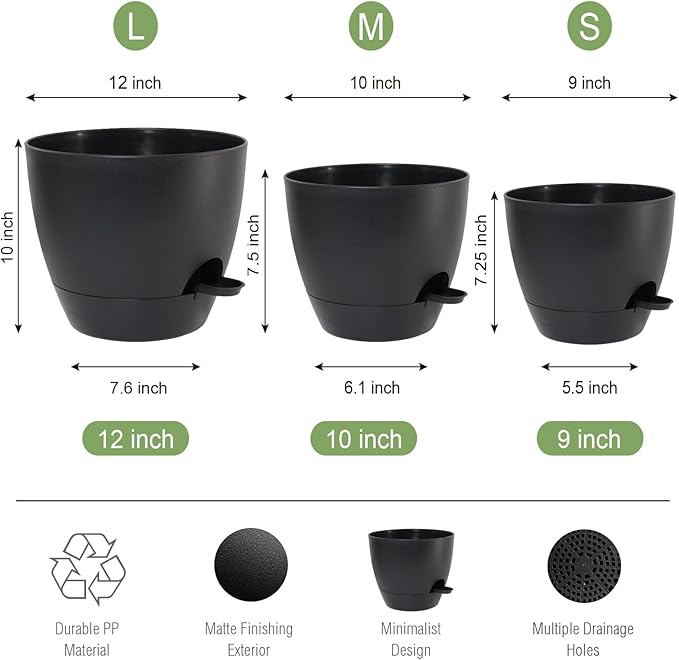 Large Self Watering Pots, 12/10/9 Plastic Planters with High Drainage Holes and Deep Reservoir for Indoor Outdoor Garden Plants and Flowers, Black