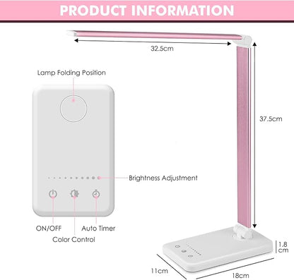 Desk Lamp, LED Desk Light with 10 Brightness Levels, 5 Color Temperatures, USB Power, Foldable Dimmable Table Lamp, Timer & Memory, Touch Control, Eye Caring Lamp for Reading Work Study Nail