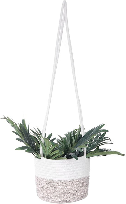 Hanging Planter Basket Jute Rope Woven Plant Hangers Indoor Hanging Plant Holder Up to 7" Pot Macrame Modern Storage Organizer Home Decor (White & Brown)