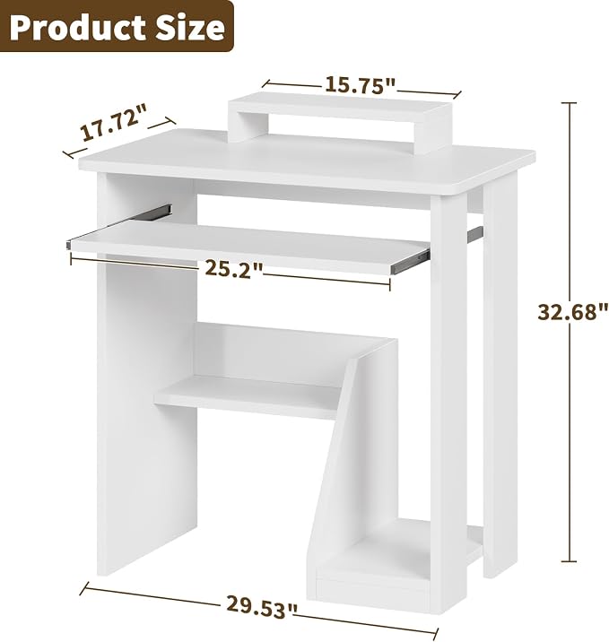 ALISENED 30 Inch Computer Desk, with Keyboard Tray & Monitor Stand | Compact Desk for Space-Saving, Ergonomic Study Desk with Storage Shelves for Writing, Gaming, Working, White