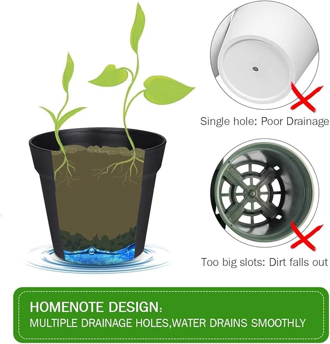homenote Plant Pots,6 Inch Flower Pots for Plants Plastic Planters for Indoor with Multiple Drainage Holes and Trays, for All Home Garden Flowers Succulents,Outdoor(White&Black,16 Pack)