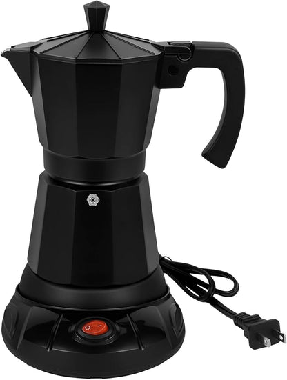 Electric Moka Pot, 3 or 6 Cup Espresso Coffee Maker, Black | Food-grade aluminum, dose reduction plate, boil-dry protection, auto-stop, detachable base, for Cuban and Italian coffee