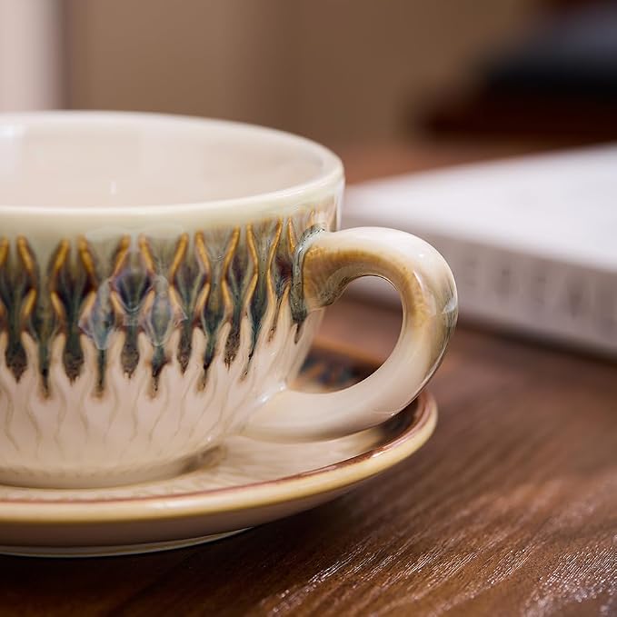 Coffeezone Vintage Design 12 oz Ceramic Latte Art Cappuccino Barista Cup with Saucer (Embossed Vintage)