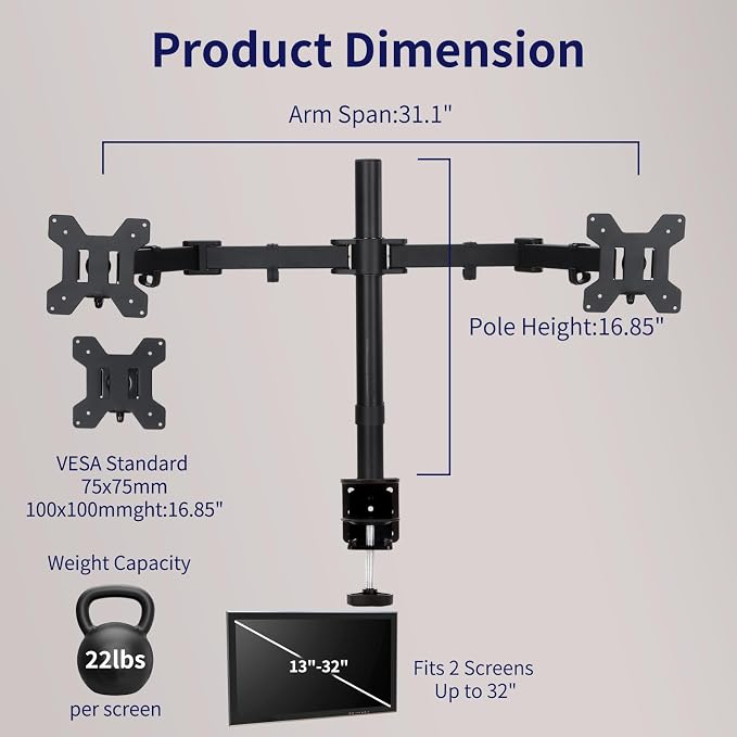 Black Dual Monitor Arm Mount for 13-32 Inch Screens | Ultrawide Screens Up to 38 Inch Fully Adjustable Stand with C-Clamp/Grommet Base Max VESA 100x100 Each Screen Capacity 22lbs