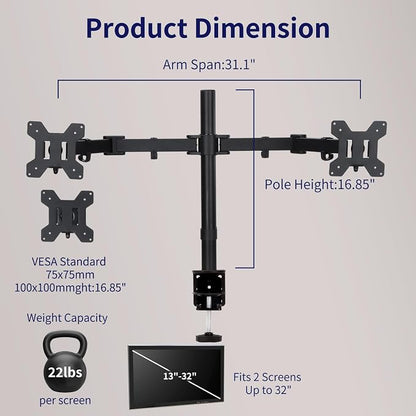 Black Dual Monitor Arm Mount for 13-32 Inch Screens | Ultrawide Screens Up to 38 Inch Fully Adjustable Stand with C-Clamp/Grommet Base Max VESA 100x100 Each Screen Capacity 22lbs