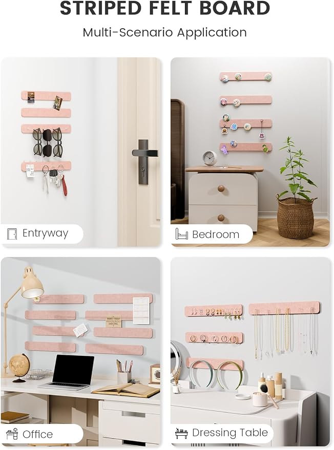 Fluxynara 13" x 2" Felt Wall Panels, Pink | 8-Pack Includes 50 Push Pins and Adhesive Tabs for Photos, Notes and Decor in Bedroom Doors, Home Office or Studios