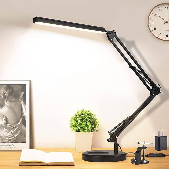 LED Desk Lamp with Clamp and Round Base,Eye Caring Table Lamp with Swing Arm,3 Color Modes 10 Brightness Levels,Memory Function, Desk Light for Home Office with USB Adapter Black-14W