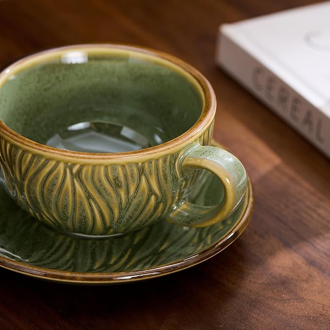 Coffeezone Vintage Design 12 oz Ceramic Latte Art Cappuccino Barista Cup with Saucer (Wave Green)