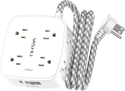 Surge Protector Power Strip - YISHU 8 Outlets with 4 USB (2 USB C) Charging Ports, 5Ft Braided Extension Cord, Flat Plug Multi Plug Outlet Extender Charging Station for Home Office, ETL, White