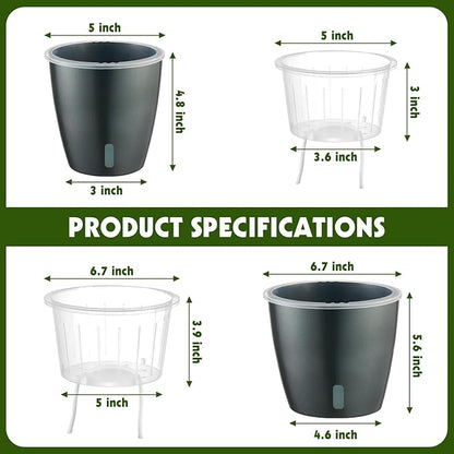 Self Watering Pots for Indoor Plants, 6-Pack 5'' Self Watering Planter with Drainage Holes, Small African Violet Pots with Water Indicator, Clear Wick Orchid Pot, Grey