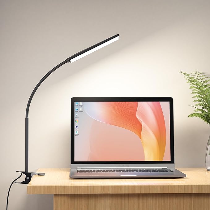 RAOYI LED Desk Lamp, 5W USB Clip on Light Eye-Caring Reading Clamp Table Lamp with 48 LEDs Flexible Neck, 3 Color Modes and 14 Brightness Levels for Office Bedroom Study (Black)