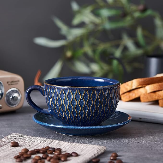 Coffeezone Vintage Design 12 oz Ceramic Latte Art Cappuccino Barista Cup with Saucer (Embossed Blue)