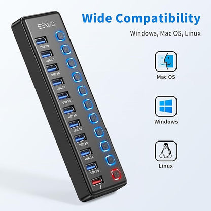 Powered USB Hub, JESWO 11 Port USB 3.0 Hub, 10 USB 3.0 Data Transfer Ports + 1 Smart Charging Port, USB Hub Powered with Individual LED On/Off Switches and 12V/3A Power Adapter