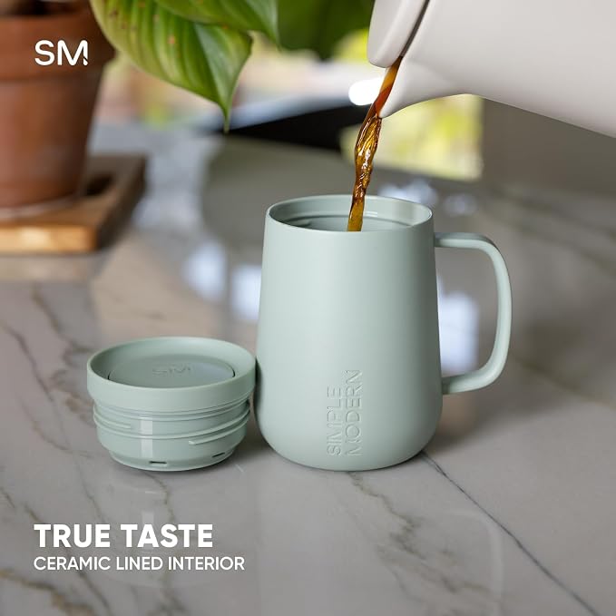 Simple Modern Voyager Signature Mug | Travel Coffee Tumbler with 360° Lid and Handle | Ceramic-Lined Insulated Stainless Steel Iced Cold Brew Cup | 12oz, Sea Glass Sage