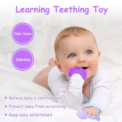 Vicloon Silicone Teething Mitt, 2Pcs Baby Teething Mitten with Adjustable Strap, Crinkle Sound and Textured, Self Soothing Baby Chew Toys for 0-6 Month Infants