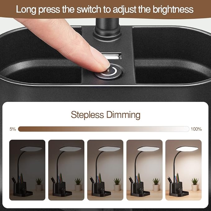 Mubarek Desk Lamps for Office Lamp 8W+3 Light Colors, USB Rechargeable & Dimmable Office Desk Lamp with USB Charging Port, 60LED+150Lumen LED Desk Lamps for Home Office Lamp LED Desk Light with Pen