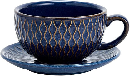 Coffeezone Vintage Design 12 oz Ceramic Latte Art Cappuccino Barista Cup with Saucer (Embossed Blue)