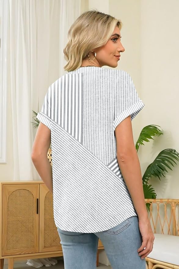 Womens Henley Summer Tops V Neck Button Dressy Casual T Shirts Blouses | Breathable, V-Neck Button, Striped, Loose Fit, Business Casual, Office, Vacation, Spring Summer Tops, Basic Shirts